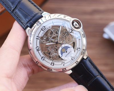 Cartier Optimal Design Genuine Leather/316L Steel Bracelet 41*12MM Skeleton Watch